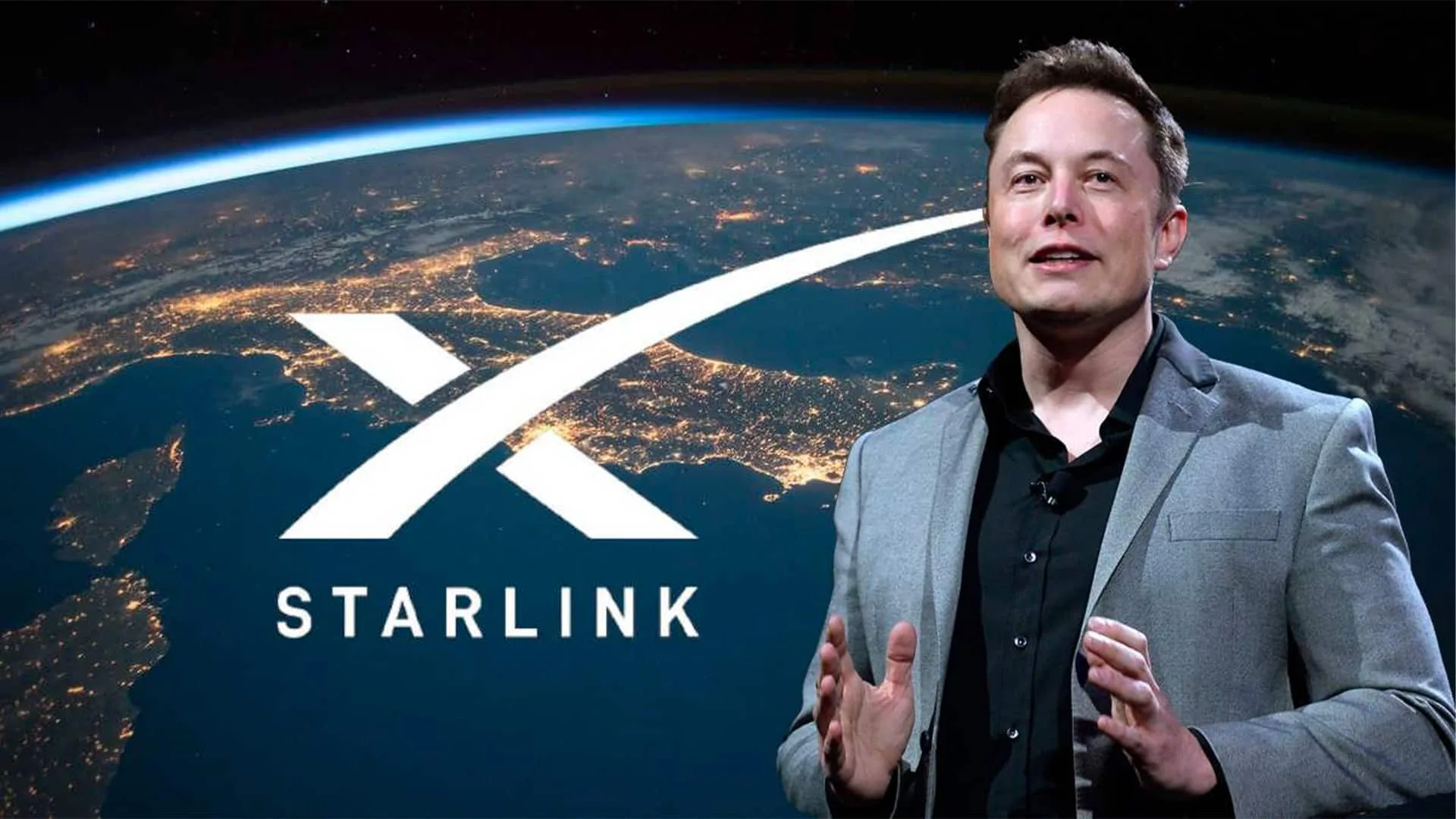 Elon Musk speaking on stage during a presentation, with the Starlink logo and a view of Earth from space displayed behind him.