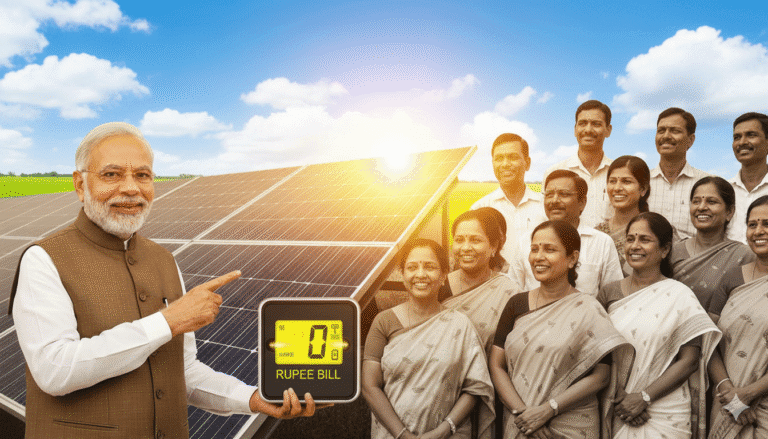 Indian Prime Minister Narendra Modi pointing to a digital meter showing a 'Zero Rupee Bill', with solar panels and a group of smiling citizens in the background, representing the PM Surya Ghar solar scheme.