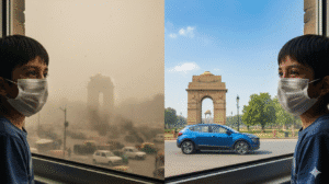 Split image showing Delhi. Left: A masked child looks at India Gate shrouded in severe smog with polluting traffic. Right: The same child smiles at a clear India Gate with a clean electric car, showcasing clean air