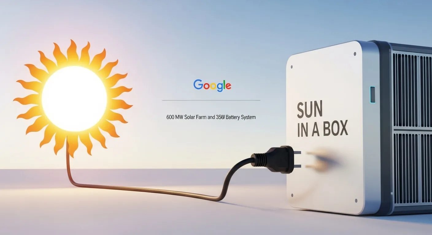 A conceptual image showing a sun icon with a power cord plugged into a large battery system labeled 'SUN IN A BOX', illustrating Google's 600 MW solar and 350 MW battery project.