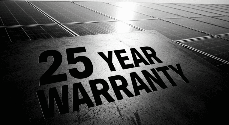 A stark, black and white image of the words "25 YEAR WARRANTY" emblazoned across a textured surface, with rows of solar panels blurred in the background, suggesting the long-term commitment and eventual degradation of solar technology.