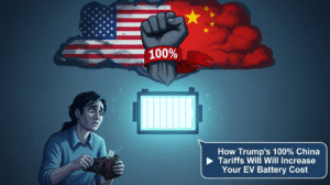 How Trump’s 100% China Tariffs Will Increase Your EV Battery Cost Illustration of a consumer opening an empty wallet, looking distressed at a glowing EV battery pack that is overshadowed by a massive, angry thundercloud representing the U.S. and China flag tariffs (100%).