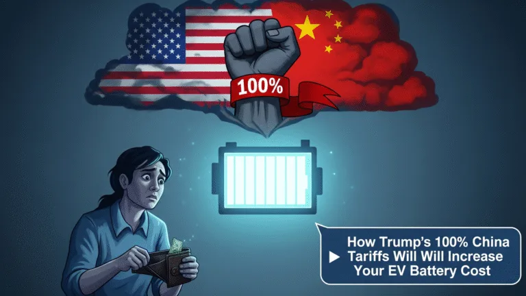 Illustration of a consumer opening an empty wallet, looking distressed at a glowing EV battery pack that is overshadowed by a massive, angry thundercloud representing the U.S. and China flag tariffs (100%).