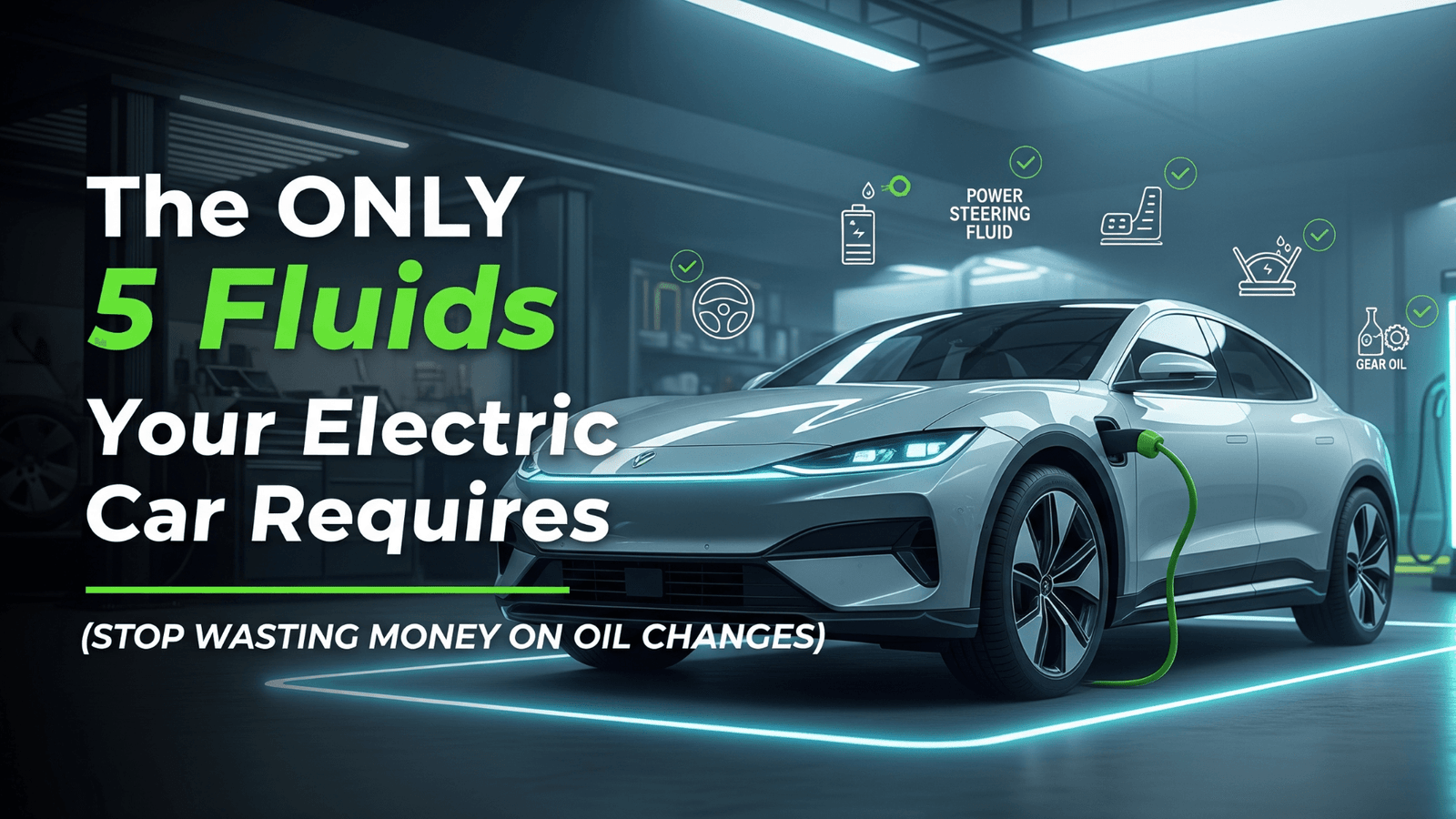 Electric car charging in a futuristic garage with glowing green lines and icons for brake fluid, coolant, gear oil, and washer fluid, illustrating essential EV maintenance.