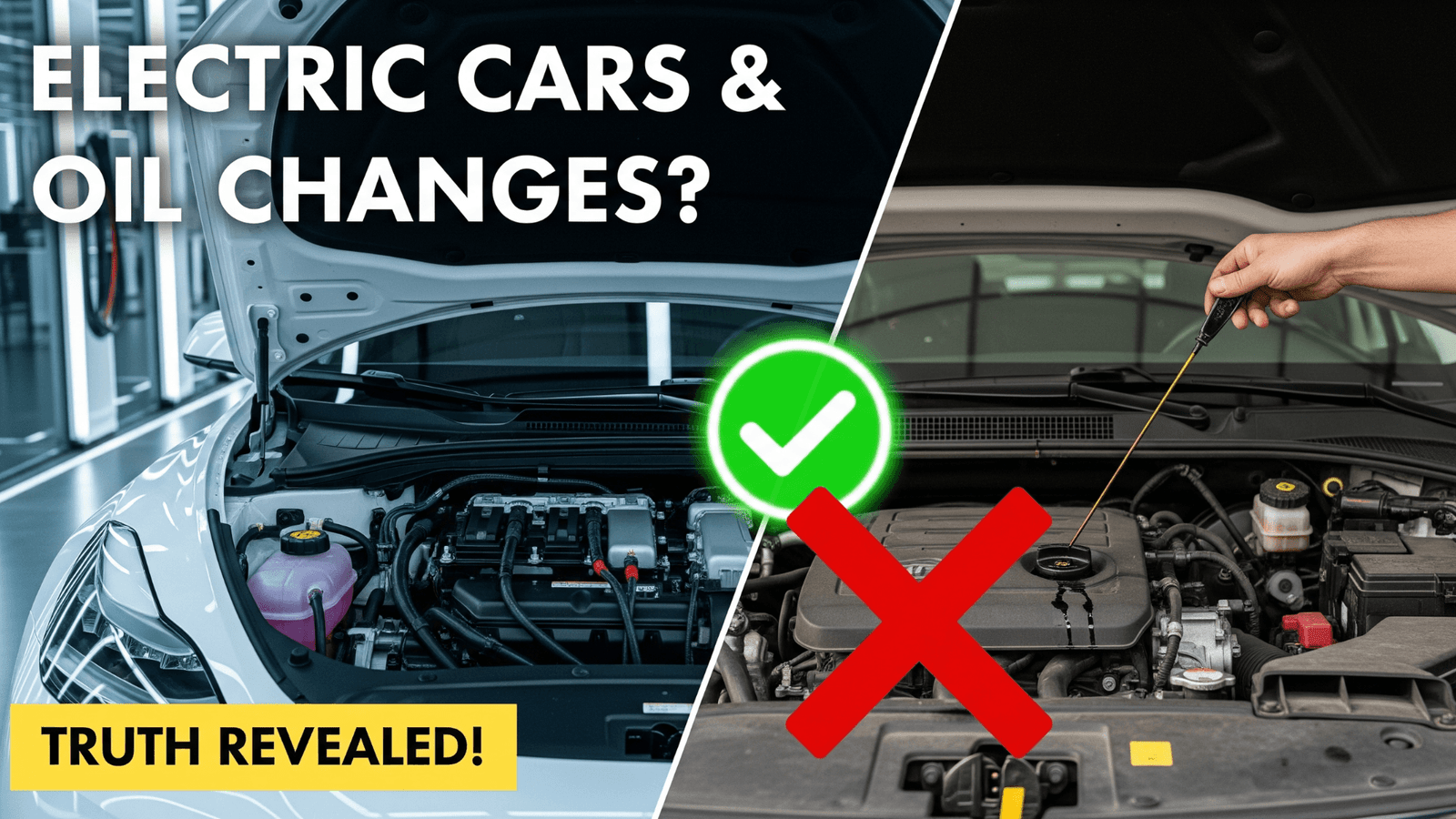 Split image showing a clean electric car engine bay with a green checkmark on the left, and a hand checking oil in a gasoline car engine with a red 'X' on the right, asking "Electric Cars & Oil Changes?"