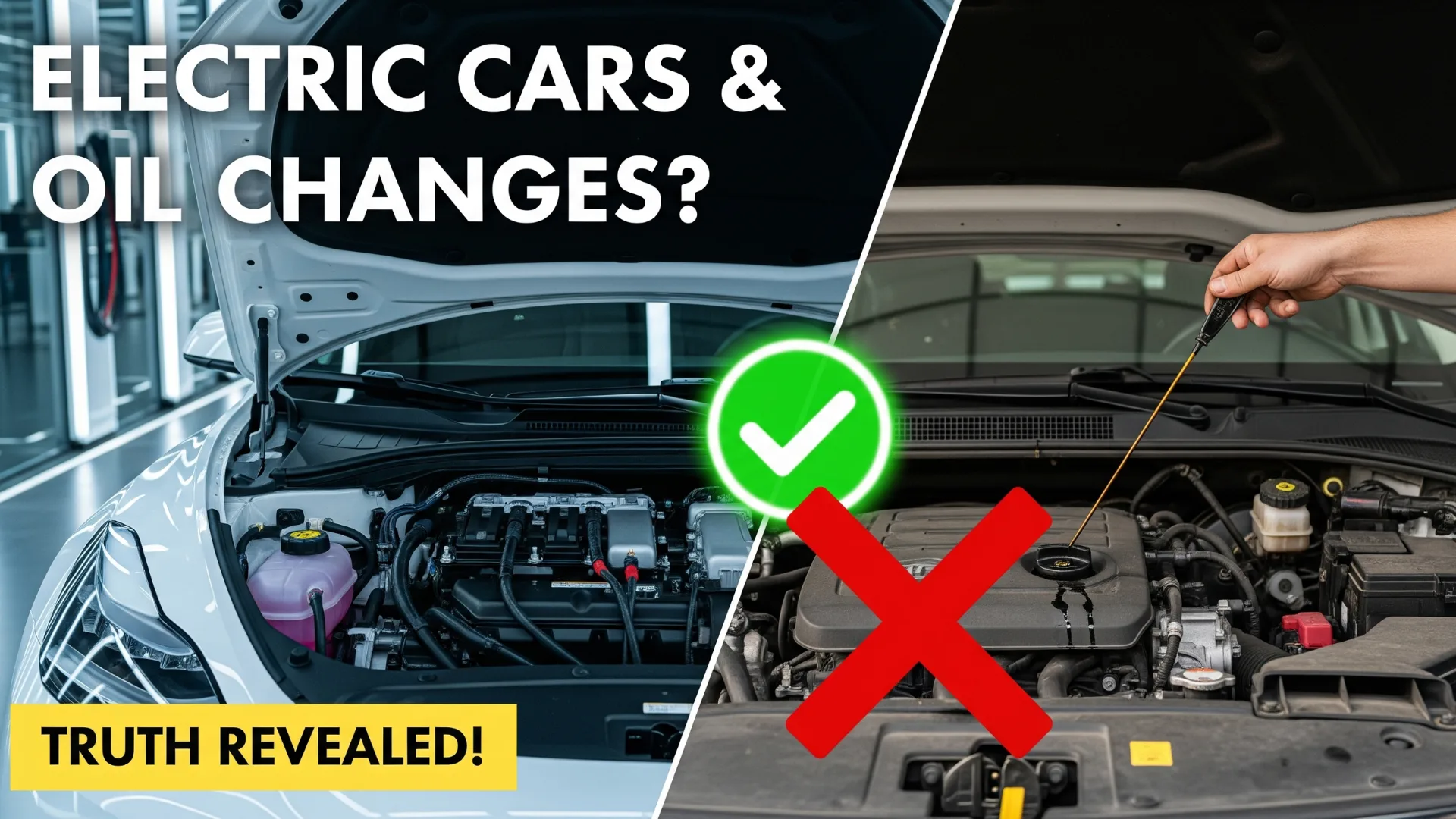 Electric vs. Gas Car Engine Maintenance Comparison Split image showing a clean electric car engine bay with a green checkmark on the left, and a hand checking oil in a gasoline car engine with a red 'X' on the right, asking "Electric Cars & Oil Changes?"
