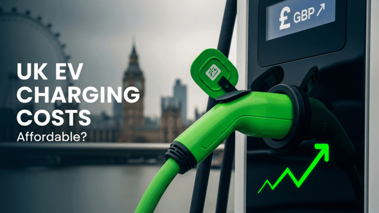 Close-up of a public EV charging station in the UK with the London Eye and Houses of Parliament in the blurry background, showing a screen with rising GBP currency.