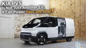 White and black Kia PV5 electric van with its sliding door open, showcasing the interior and the "It Can Power Your Job Site!" headline.