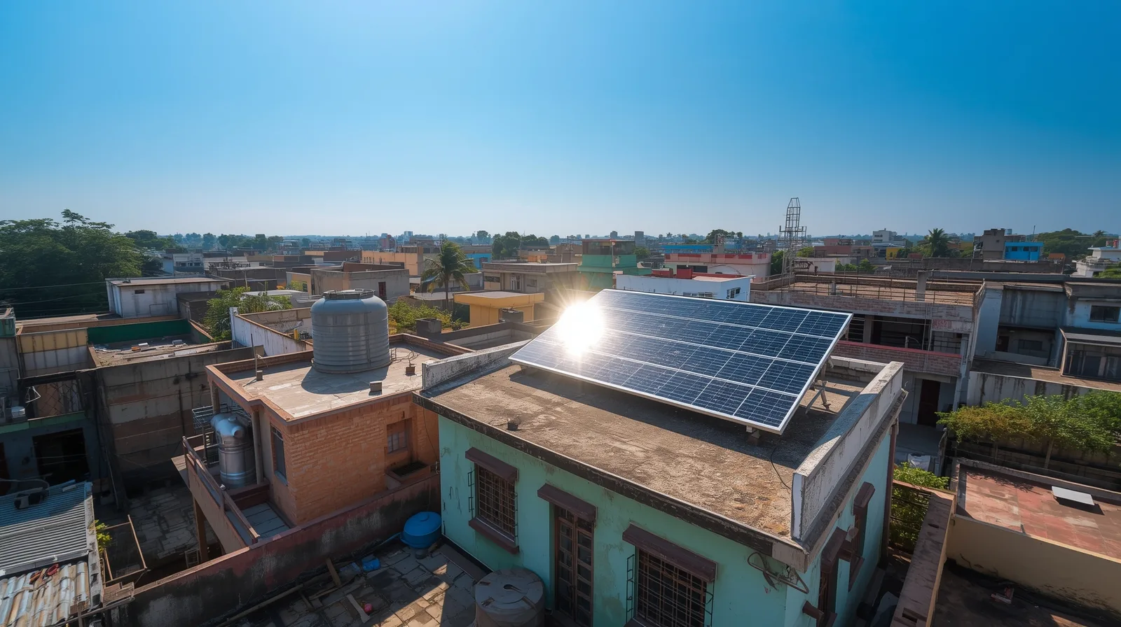 Elevated view of a single rooftop solar panel installation reflecting the sun, on a modest home amidst other rooftops in an Indian town under a clear blue sky.