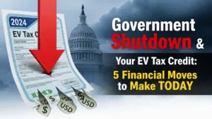 Red arrow piercing an expiring 2024 EV Tax Credit form with dollar signs ripping off, set against a stormy US Capitol dome. Symbolizes the government shutdown's effect on clean energy financial incentives.