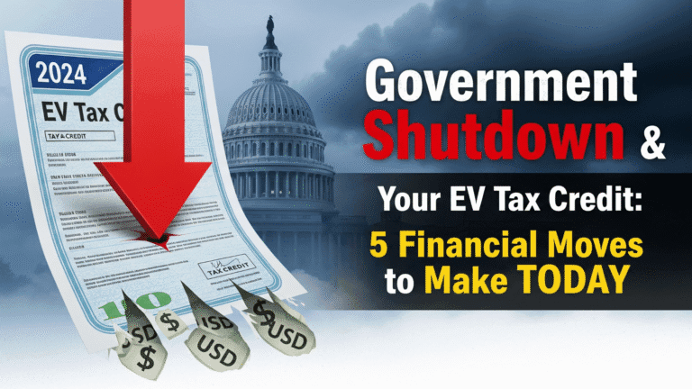 Red arrow piercing an expiring 2024 EV Tax Credit form with dollar signs ripping off, set against a stormy US Capitol dome. Symbolizes the government shutdown's effect on clean energy financial incentives.
