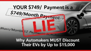 A modern silver EV charging, overlaid with a red "LIE" stamp covering a printed "$749/Month Payment." Illustrates the deception of average auto loan costs.
