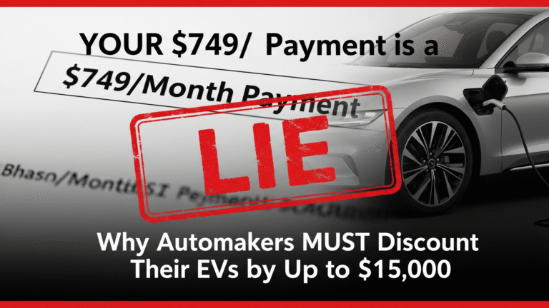 A modern silver EV charging, overlaid with a red "LIE" stamp covering a printed "$749/Month Payment." Illustrates the deception of average auto loan costs.
