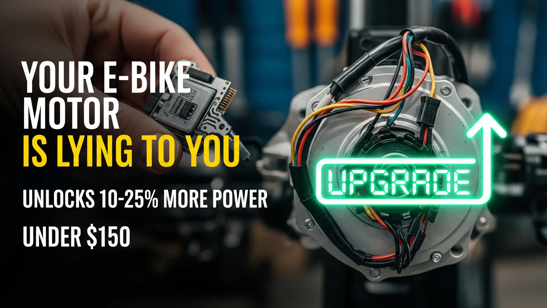 Hand holding a small e-bike controller board next to a disassembled motor with "UPGRADE" glowing in neon.
