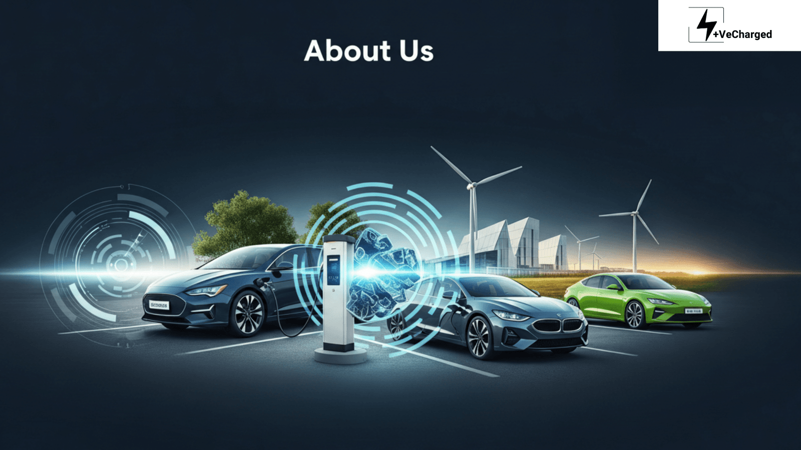 Three diverse electric vehicles charging at a futuristic station with wind turbines and modern buildings in the background, symbolizing the clean energy transition.