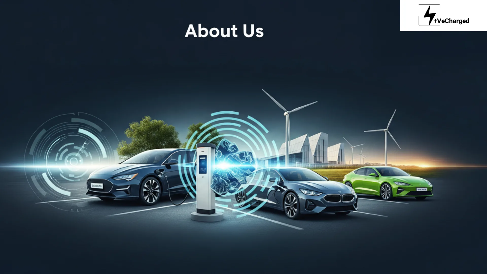 Three diverse electric vehicles charging at a futuristic station with wind turbines and modern buildings in the background, symbolizing the clean energy transition.