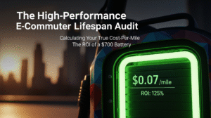 Close-up of an electric commuter vehicle battery display showing a green ROI line graph rising sharply and the operating cost of $0.07 per mile.