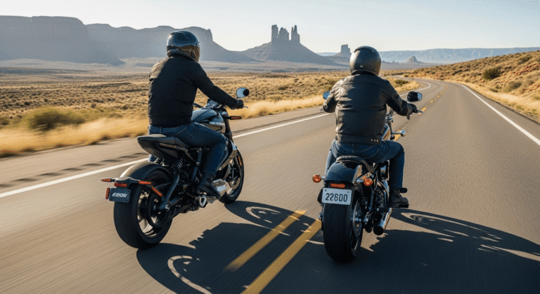 Two motorcyclists riding side-by-side on a scenic desert highway with large mesas in the background, showing the contrast between a modern and a classic motorcycle.