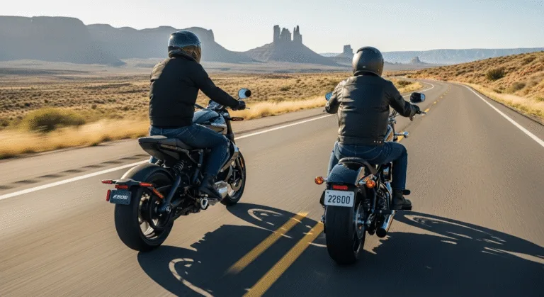 Two motorcyclists riding side-by-side on a scenic desert highway with large mesas in the background, showing the contrast between a modern and a classic motorcycle.