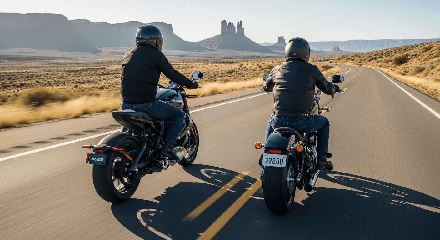 Two motorcyclists riding side-by-side on a scenic desert highway with large mesas in the background, showing the contrast between a modern and a classic motorcycle.