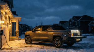 The Power Plant on Wheels: Why Your Next EV Is Actually a Backup Generator A dark gray Chevrolet Silverado EV pickup truck is parked in a snowy driveway at night, plugged into a home's charging station. The truck's bed lights are on, illuminating a portable power station. The house and truck are the only light sources in a dark neighborhood.