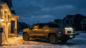 A dark gray Chevrolet Silverado EV pickup truck is parked in a snowy driveway at night, plugged into a home's charging station. The truck's bed lights are on, illuminating a portable power station. The house and truck are the only light sources in a dark neighborhood.