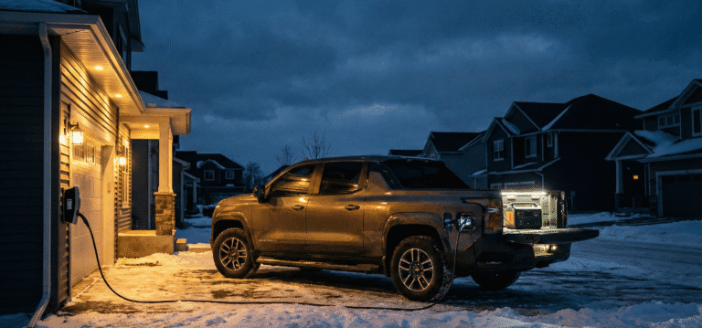 A dark gray Chevrolet Silverado EV pickup truck is parked in a snowy driveway at night, plugged into a home's charging station. The truck's bed lights are on, illuminating a portable power station. The house and truck are the only light sources in a dark neighborhood.
