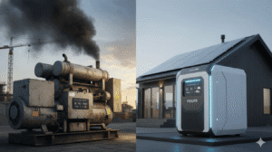 The Cost-Per-Hour Audit: Diesel Generator vs. Battery Power Station—Which Costs More After 50 Hours? On the left, a large, rusty industrial diesel generator emits a plume of black smoke against a construction site background. On the right, a sleek, modern, white and blue 'POWURE' brand battery power station stands silently in front of a contemporary home with solar panels on its roof."