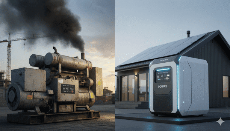 On the left, a large, rusty industrial diesel generator emits a plume of black smoke against a construction site background. On the right, a sleek, modern, white and blue 'POWURE' brand battery power station stands silently in front of a contemporary home with solar panels on its roof."