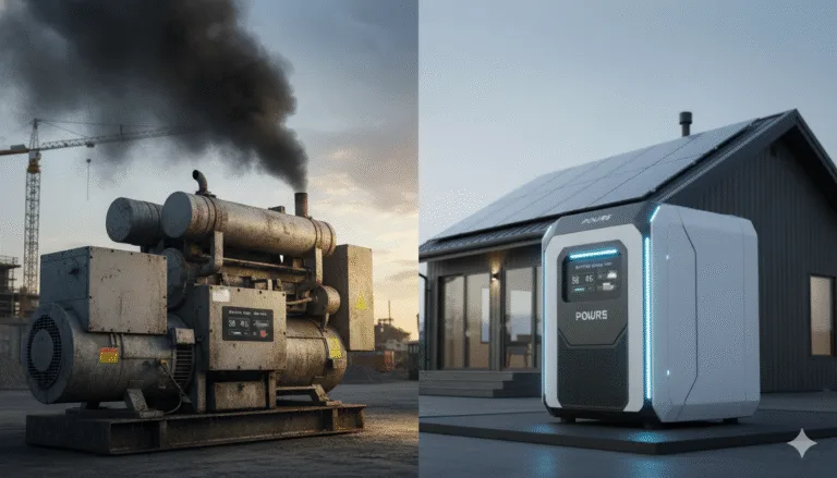On the left, a large, rusty industrial diesel generator emits a plume of black smoke against a construction site background. On the right, a sleek, modern, white and blue 'POWURE' brand battery power station stands silently in front of a contemporary home with solar panels on its roof."