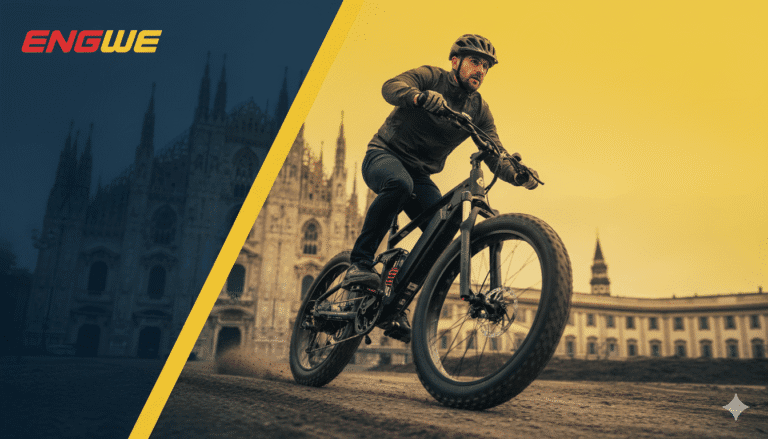 Man riding a black Engwe fat-tire e-bike on a dirt path in front of a historic European cathedral, with a yellow and blue brand overlay.