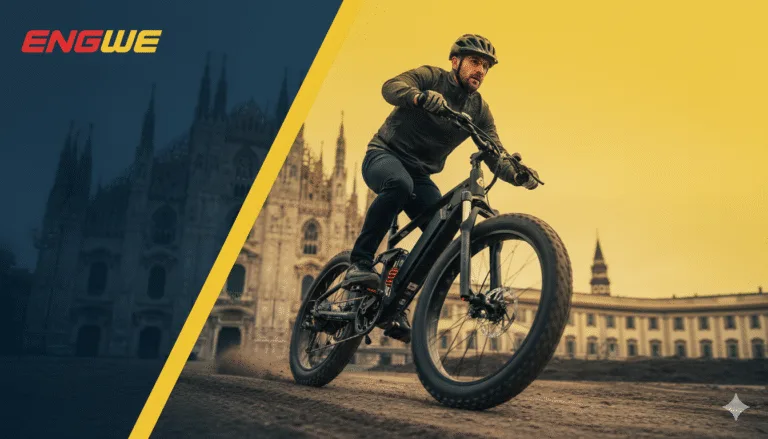 Man riding a black Engwe fat-tire e-bike on a dirt path in front of a historic European cathedral, with a yellow and blue brand overlay.