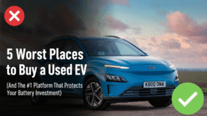 5 Worst Places to Buy a Used EV (And The #1 Platform That Protects Your Battery Investment) Blue Hyundai Kona Electric driving on a rural road with a dramatic sunset sky. The image features a title overlay: '5 Worst Places to Buy a Used EV (And The #1 Platform That Protects Your Battery Investment)'.