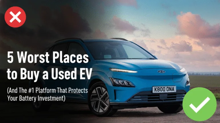 Blue Hyundai Kona Electric driving on a rural road with a dramatic sunset sky. The image features a title overlay: '5 Worst Places to Buy a Used EV (And The #1 Platform That Protects Your Battery Investment)'.