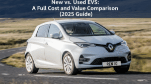 New vs. Used EVs: A Full Cost and Value Comparison (2025 Guide) Renault Zoe driving on an open road during a cost comparison test for new vs. used EVs in 2025