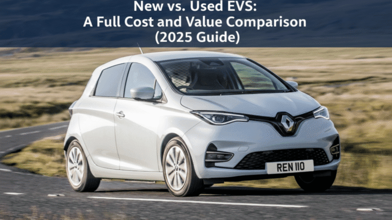 Renault Zoe driving on an open road during a cost comparison test for new vs. used EVs in 2025
