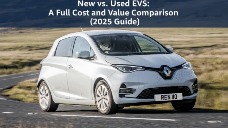 Renault Zoe driving on an open road during a cost comparison test for new vs. used EVs in 2025