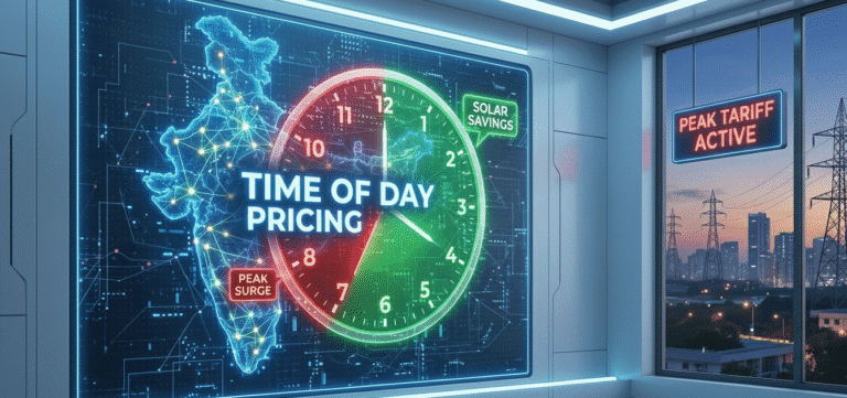 A display featuring a glowing map of India with interconnected power grid nodes. A large central clock overlays the map, color-coded with a green "Solar Savings" zone and a red "Peak Surge" zone. The text "TIME OF DAY PRICING" is prominent. In the background, a window reveals power pylons and a city at twilight with a neon sign reading "PEAK TARIFF ACTIVE."