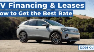 Volkswagen ID.4 electric SUV parked outdoors, used as a header image for an article about EV financing and lease rates in 2026.