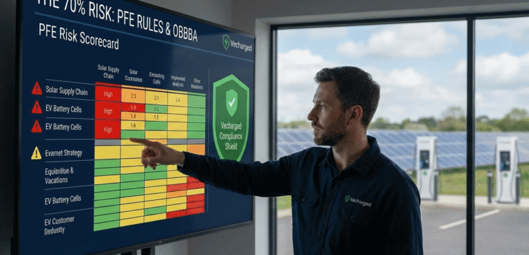 A professional six-panel data dashboard by Vecharged featuring a pie chart on phantom power costs, an EV charging selector flowchart, a line graph of solar peak-demand shifts in India, and financial impact assessments of green energy incentives (VGF).
