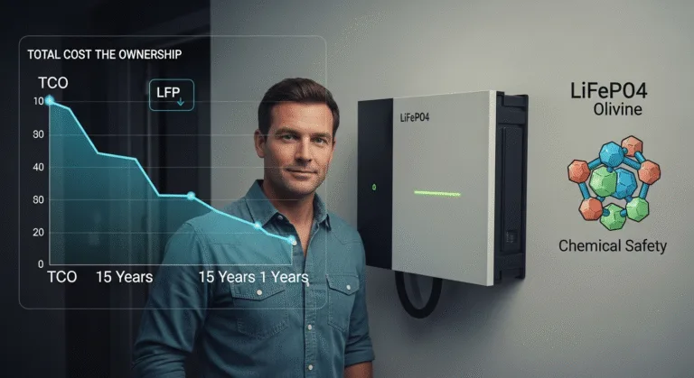 A man standing next to a wall-mounted home energy storage unit (labeled LiFePO4) with an overlaid graph showing the Total Cost of Ownership (TCO) steeply declining over 15 years, and a separate graphic showing the stable LiFePO4 Olivine crystal structure.